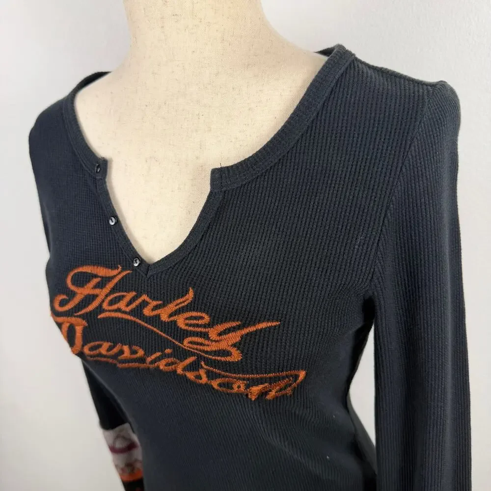 Harley-Davidson Black Thermal Long Sleeve Shirt Y2K Retro Women's Small V neck - Picture 6 of 11